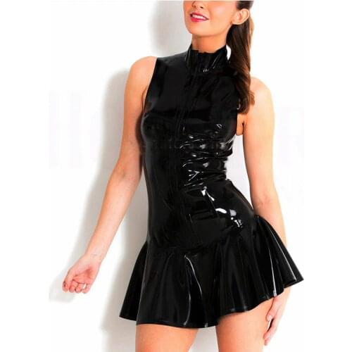 Sexy Sleeveless Latex Dress Back Zipper Rubber Pleated Skirt