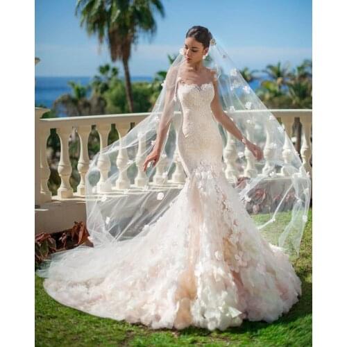 Robe De Soiree De Mariage Tulle Mermaid Wedding Dress with Veil Hand Made Flowers Trouwjurk Luxury Vestido De Noiva Sereia