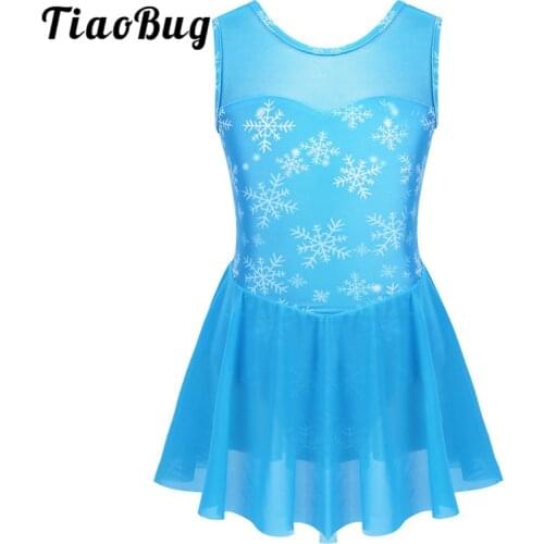 TiaoBug Kids Dance Wear Sleeveless Snowflake Pattern Mesh Splice Gymnastics Leotard Girls Ballet Costume Figure Skating Dress