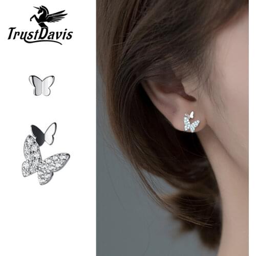 TrustDavis Real 925 Sterling Silver Fashion Insect Butterfly CZ Stud Earring For Women Birthday Daughter Fine Jewelry DA2152