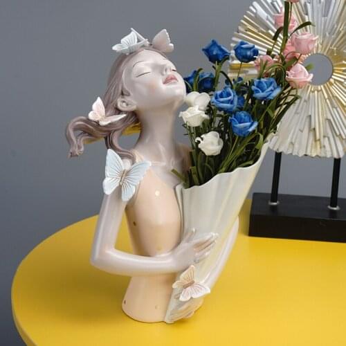 WEILEAD Resin Butterfly Girl Vase Character Figurines Nordic Modern Creative Home Decoration Accessories Flower Plant Container