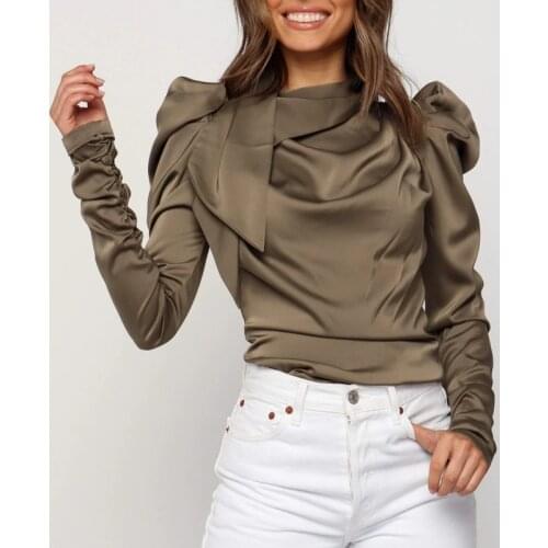 Women Ladies Autumn Bow Puff Sleeve Blouses Tops Women Satin Blouses Bow Neck Long Sleeve Elegant Blouse S-XL Slim Top