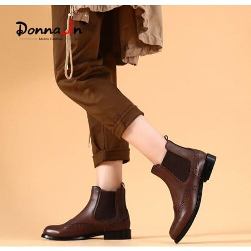Donna-in 2020 Classic Black Chelsea Boots Womens Shoes Genuine Leather Autumn Winter Short Plush Carve Design Ladies Ankle Boot