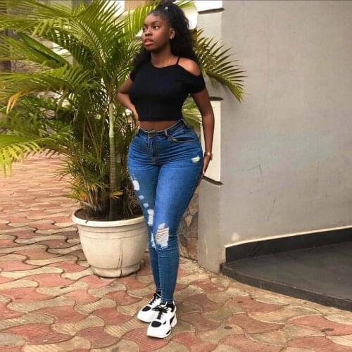 FNOCE 2020 new womens ripped jeans pants fashion trends casual solid high waist hole tight stretch slim denim full pencil pants