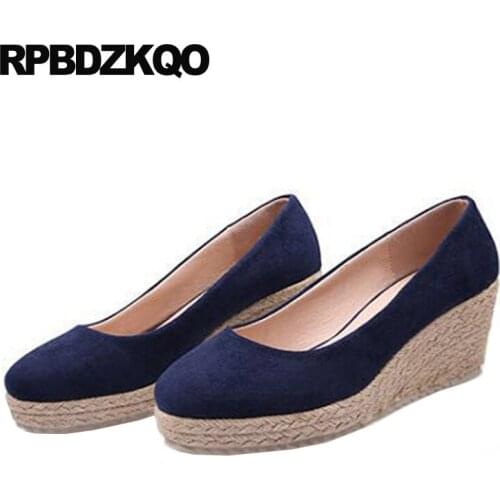 Blue High Heels 2021 Big Size 3 Inch 4 34 Black Round Toe Wedge Pumps Cheap Autumn Suede Casual Shoes Women Slip On Footwear