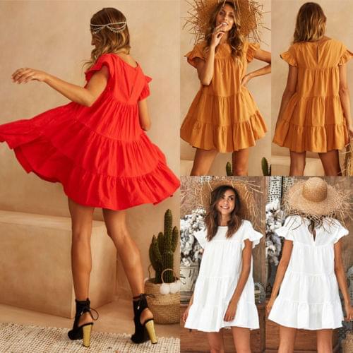 2020 New Fashion Hot Popular Womens Summer Short Sleeve Mini Tank Dress Ladies Loose Pure Color Sundress Casual Beach Sundress