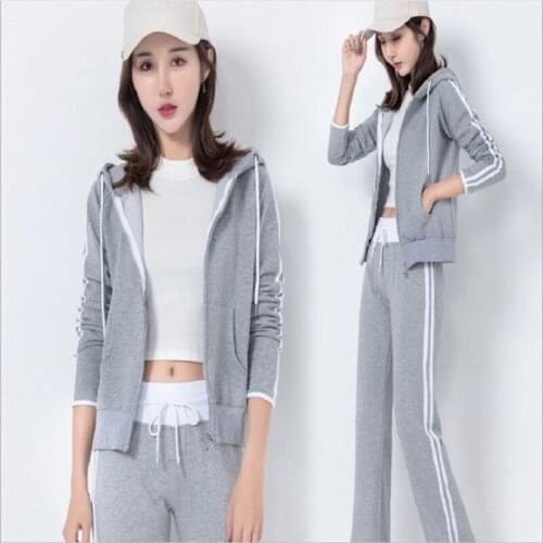 Womens exercise suit: Solid cotton long-sleeved hooded Sweater + Cotton Pants + Cotton Lined Fall Running Yoga suit