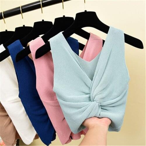 2020 New Women Crop Sweater Summer V-neck Criss-cross Sexy & Club Party Pullover Knit Laides Sleeveless Solid Pull Tops PZ3364