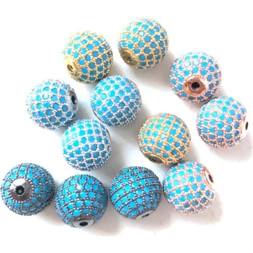 10pcs/lot 12mm Turquoise Disco Bead for Bracelet Making Natural Stone Micro Pave Gold Silver Brass Ball Spacer Jewelry Handcraft