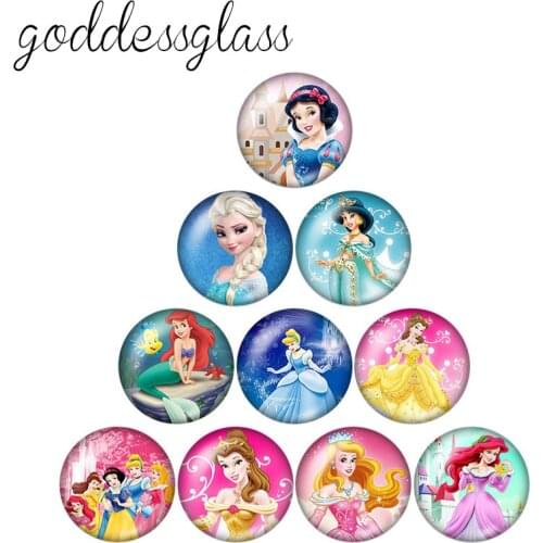 Round Princesses Elsa Anna Belle 10pcs 12mm/18mm/20mm/25mm/30mm photo glass cabochon demo flat back necklace Making findings