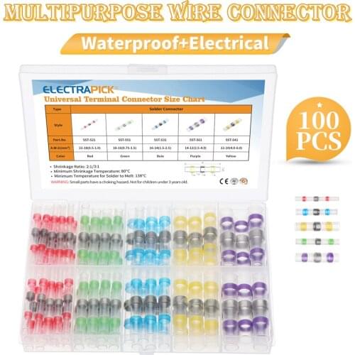 Electrapick 100pcs 10-22AWG Waterproof Solder Sleeve Seal Wire Connectors Heat Shrink Tube Cable Terminal Tool Assortment Kit