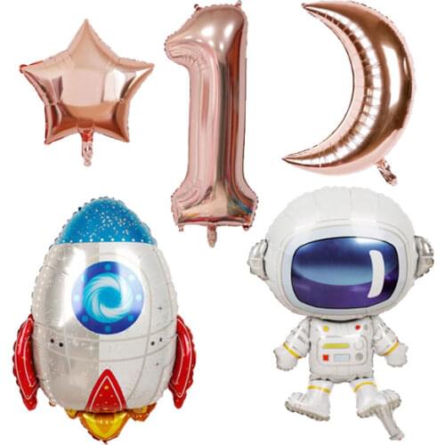 5 PCS Space First Birthday Party Decoration Outer Space First Birthday Balloons Space Rose Gold One Banner for Space