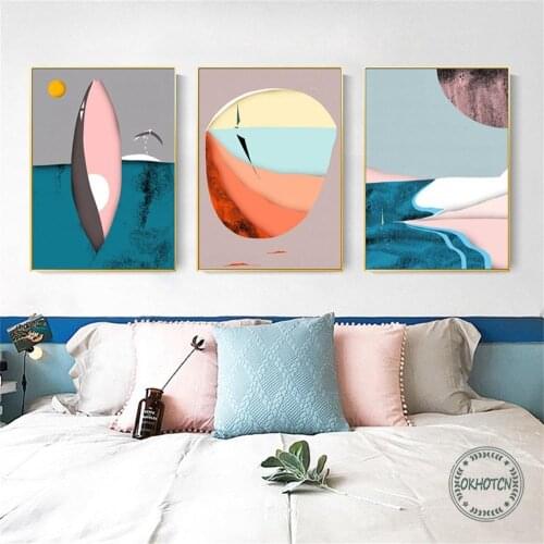 Abstract Hot Air Balloon Boat Ocean Landscape Posters and Prints Vintage Wall Art Picture for Kids Living Room Home Decoration