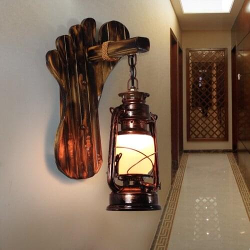 American country vintage bamboo wall lights antique kerosene lantern wall lamps personality bedroom bedside lamp E27