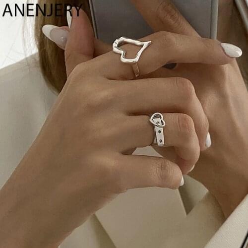 ANENJERY 925 Sterling Silver Hollow Love Heart Belt Buckle Ring For Women Exquisite Creative Jewelry Wholesale