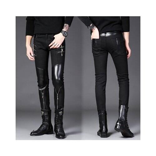 Black Denim Jeans Slim Fit Lace Up Pants Skinny Pencil Mens Punk Trousers Trend Korean Version Personality Street Trendsetters