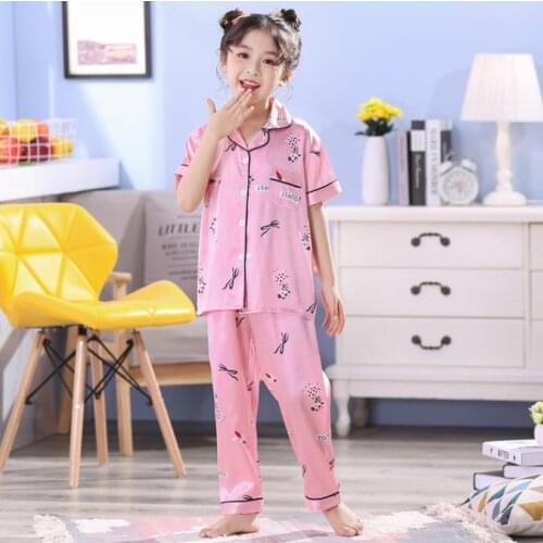 Kids Pajamas Suit New Children Pajamas Sets Baby summer Sleeve Silk Girls Sleepwear Printing Boy Nightwear Clothing 3-14y