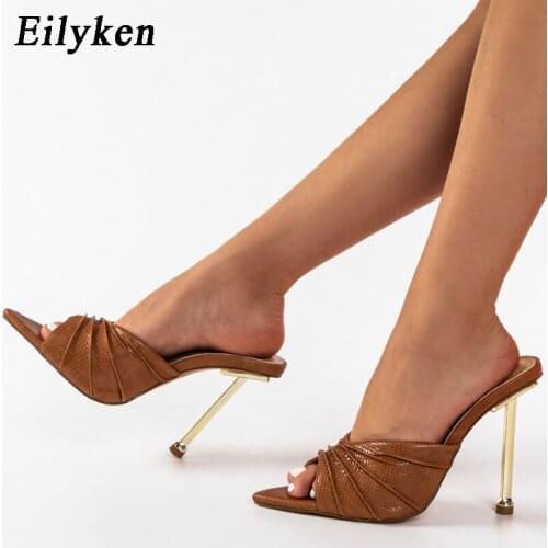 Eilyken 2022 New Mule High Heels Womens Slippers Sexy Peep Toe Fashion Pleated Snake Print Pumps Slides Party Shoes Woman