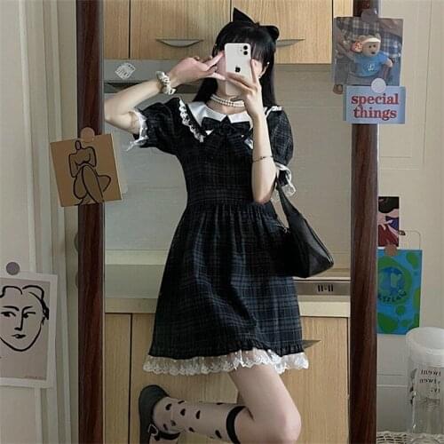 French Temperament College Style Dress Sweety Peter Pan Collar Bow Cute Puff Sleeve Tender Lace Vintage Plaid A-Line Mini Dress