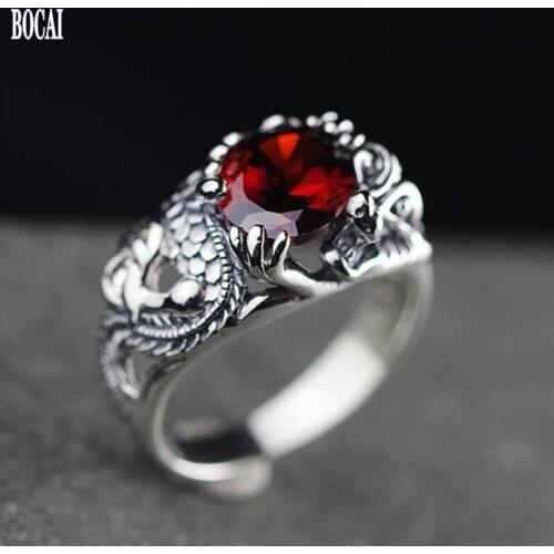 2020 New real S925 Silver Jewelry Handmade Thai silver Exquisite Facets Garnet Ring Dragon Sing Ring Women Silver Rings
