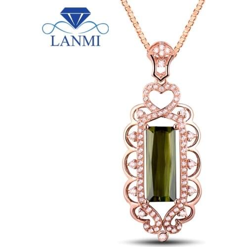 Fashion Solid 18K Rose Gold Pendant Rectangular Cut Natural Diamond Green Tourmaline Wholesale Wedding Jewellery Pendant WU41TOU