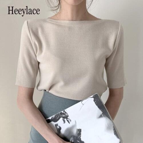 New 2021 Women Summer T-Shirt Female Elegant Bottoming Basic Solid Fashionable Knitted Minimalist Style Korean Wild Lady Tops