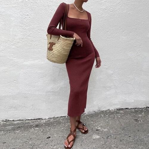 Solid Knitted Sweater Dress Women Square Collar Long Sleeve Slit Bodycon Dresses Womens Party Drss Fall Winter Clothes 2021 New