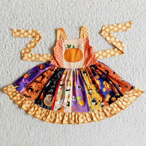 Wholesale/retail pumpkin dress baby girls fashion boutique strap sleeveless dresses kids summer halloween childrens clothing