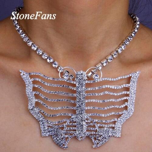 Stonefans Bling Rhinestone Silver Color Big Butterfly Necklace for Women Hip Hop Iced Out Tennis Chain Necklace Choker Jewelry
