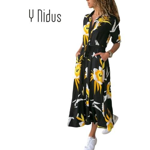 Y Nidus Womens Dresses Autumn & Spring Tunic Dress 2018 Maxi Button Up Split Floral Print Flowy Evening Party Dresses vestidos