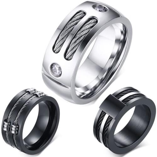 Cool Mens Titanium Steel Wedding Band Rings with Stainless Steel Cables Inlay Ring Design Unique Dropshipping