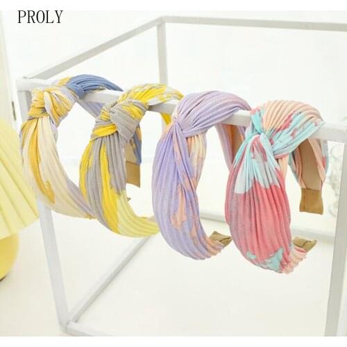 PROLY New Fashion Flower Headband Cross Knot Pleated Cloth Hairband Tie Dye Floral Turban Fresh Headwear Girls Hair Accessories