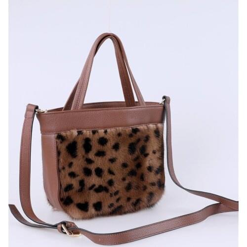 Luxury Womens Fashion Tote Bag 100% Real Mink Fur Handbags With Real Leather Leopard Print