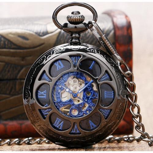 Luxury Steampunk Hollow Skeleton Mechanical Pocket Watch Roman Numerals Dial Vintage Fob Chain Pendant Clock Men Women Gifts