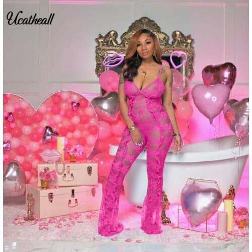 Deep V-neck Summer Sexy Jumpsuit Hollow Out Lace Solid Ruffle Pant Romper Elegant Outfit Party Wear Women Jumpsuit