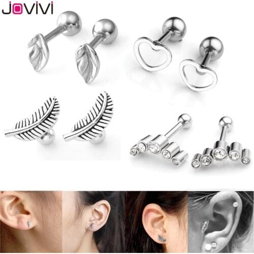 JOVIVI 8pcs Leaves Heart Ear Stud Stainless Steel Barbell Cartilage Tragus Helix Stud Earrings 16G 1/4" Bar Ear Piercing Jewelry