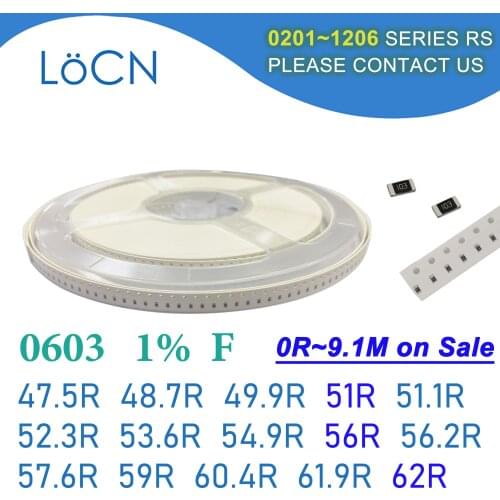 0603 1% 5000PCS SMD Resistor F 47.5R 48.7R 49.9R 51R 51.1R 52.3R 53.6R 54.9R 56R 56.2R 57.6R 59R 60.4R 61.9R 62R 1608 OHM