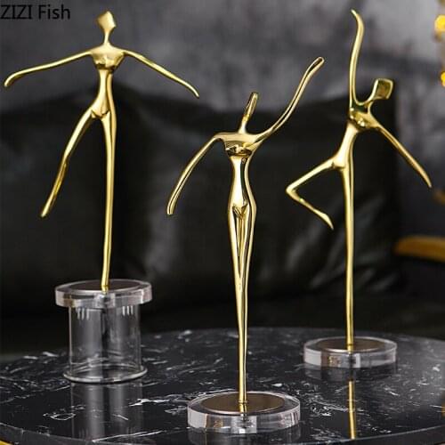 Pure Copper Portrait Statuette Golden Ballet Dancer Statue Desk Decoration Gifts for Children Home Decor Crystal Base Figurines