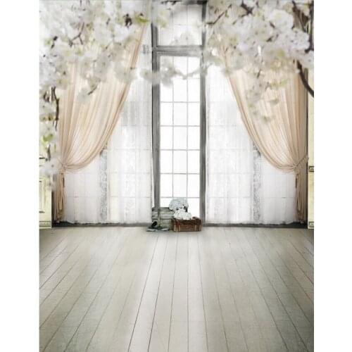 TR indoor wedding curtain bright window floral hall photo studio backdrops wood floor white flower tree wedding photo background