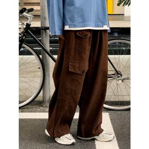 HOUZHOU Streetwear Brown Cargo Pants Women Vintage Oversize Khaki Wide Leg Trousers 90s Style Black Joggers Korean Fashion