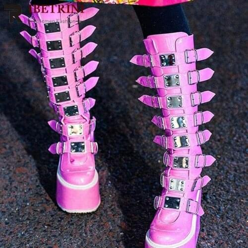 Female Boots For Women Autumn Pink Goth Fashion Plafform Wedges Buckle Metal Design 2021 Hot Sale Womens Shoes 2021 New Sugar