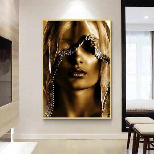 The Woman Under Turban Golden Canvas Painting Gold Posters and Prints Luxury Style Wall Art Pictures for Living Room Decoration