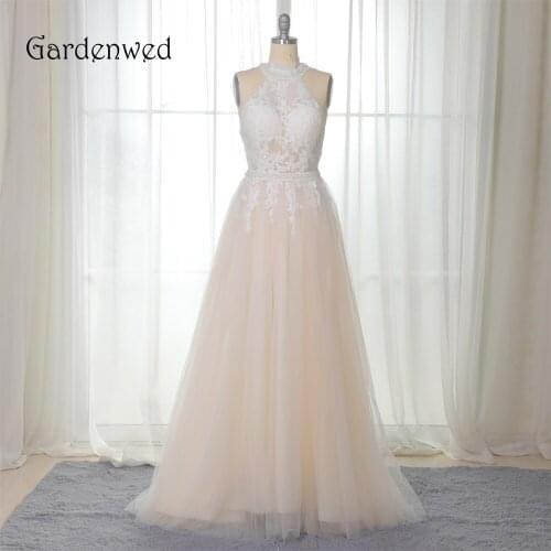 Gardenwed Light Champagne Formal Evening Dresses Long 2019 High Neck Pearls Tulle Lace Evening Gowns robe de soiree