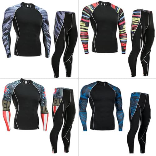 2018 19 Mens Compression Set Running Tights Workout Fitness Training Tracksuit Long Sleeve Shirts Sport Suit rashguard kit S-4XL