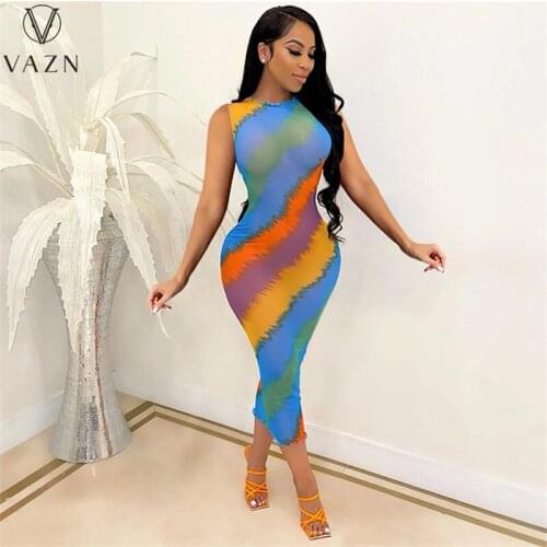 VAZN 2021 See Through Sleeveless Striped Formal Elegant Maxi Dresses Sexy Club Birthday Dress Women Elegant Fashion Female Dress