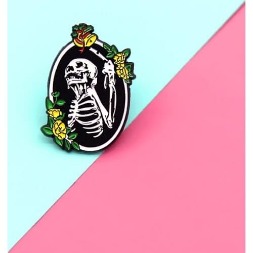 See your true self in the mirror Enamel Brooch Skeleton death Lapel Pin Yellow flower leaf Christmas bells Gothic bag Badge