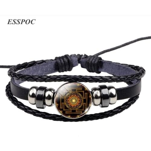 Buddhist Mandala Pattern Black Leather Bracelet Punk Weave Multilayer Leather Bracelet Bangle Men Women Indian Jewelry