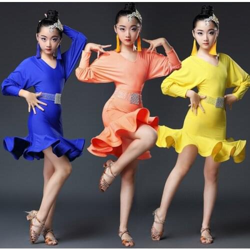 Kids Latin Dress Costume children competition Ballroom Dance Spandex for Girls Salsa Rumba Cha Cha Samba Tango ruffle skirts