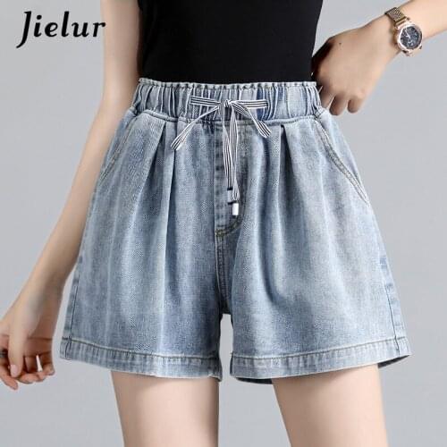 Jielur 2021 Summer Elastic Waist Denim Shorts Womens High Waist A-line Cuff Washed Jeans for Women Blue Shorts Female S-5XL