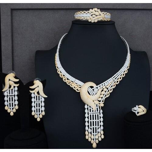 KellyBola 4 PCS Unique Design Performance Stage Occasion Luxury Full Cubic Zirconia Necklace Bracelet Earring Ring Jewelry Sets